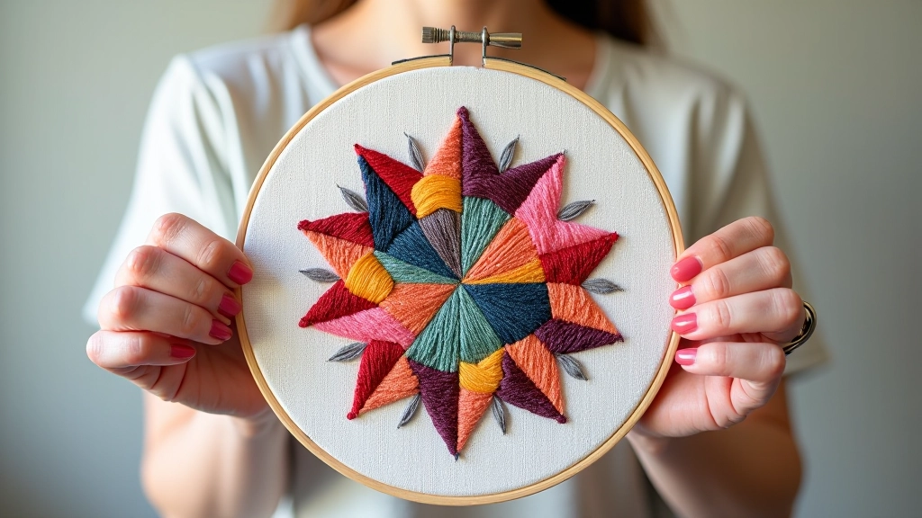 Embroidery hoop with modern geometric design and colorful embroidery thread